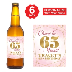 65th Bday Pink Watercolour VINYL Beer Bottle Labels 6PK