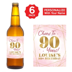 90th Bday Pink Watercolour VINYL Beer Bottle Labels 6PK