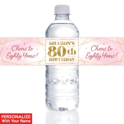80th Bday Pink Watercolour PERSONALIZED VINYL Bottle Labels 10PK