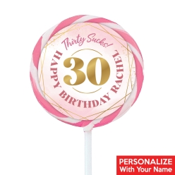 30th Bday Pink Watercolour Large Swirl Lollipops - 12 Pk