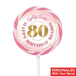 80th Bday Pink Watercolour Large Swirl Lollipops - 12 Pk