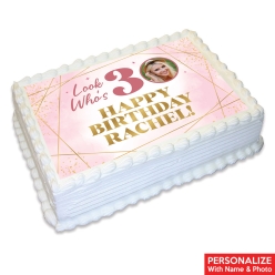 30th Bday Pink Watercolour Photo Personalizable Edible Icing