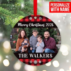 Personalized Photo Buffalo Plaid Wood Ornament