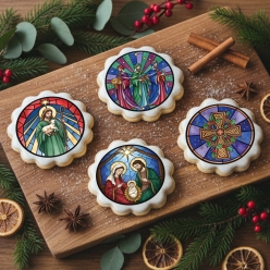 Religious Stained Glass Christmas Cookie/Cupcake Toppers 12PK