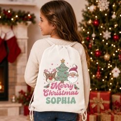 Retro Pink Christmas Personalized Drawstring Backpack