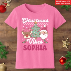 Retro Pink Christmas Personalized Name Pink T-shirt