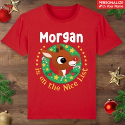 Rudolph Nice List Personalized Name Red T-Shirt