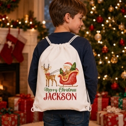 Santa & Reindeer Personalized Drawstring Backpack