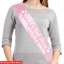 World's Best Mom Personalized Names Light Pink Sash w/ White Vin