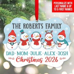 Snowman Family & Names Personalized Wood Ornament