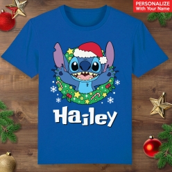 Lilo & Stitch Wreath Christmas Personalized Blue Tshirt