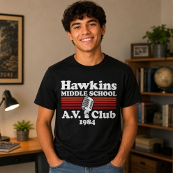 Stranger Things Hawkins AV Club Black T-shirt- All Sizes