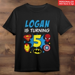 55% OFF: Superhero Icons Name & Age Personalized Black T-shirt