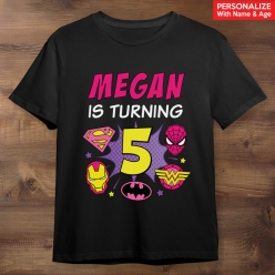 Superhero Girl Logos Name & Age Black T-shirt