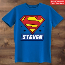 Superman Birthday Logo Personalized Name Blue T-shirt