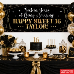Sweet 16 Black & Gold PERSONALIZED Vinyl Keepsake Banner