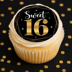 Sweet 16 Black & Gold Cupcake Edible Icing Toppers 12 Pack