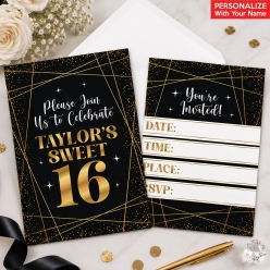 Sweet 16 Black & Gold PERSONALIZED Invitations - 8 Pk
