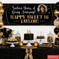 Sweet 16 Black & Gold PERSONALIZED PHOTO Vinyl Keepsake Banner