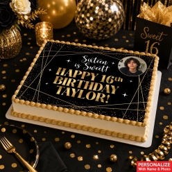 Sweet 16 Black & Gold Photo Personalized Edible Icing