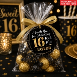 Sweet 16 Black & Gold PERSONALIZED Thank You Tags - 6 Pk
