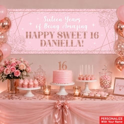 Sweet 16 Pink & Rose Gold PERSONALIZED Vinyl Banner