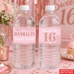 Sweet 16 Pink & Rose Gold PERSONALIZED Bottle Labels - 10 Pack