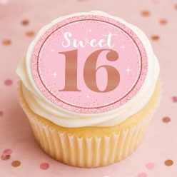 Sweet 16 Pink & Rose Gold Cupcake Icing Toppers 12 Pack