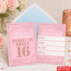 Sweet 16 Pink & Rose Gold PERSONALIZED Invitations - 8 Pk