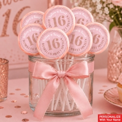Sweet 16 Pink & Rose Gold PERSONALIZED Lollipops - 12 Pk