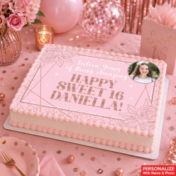 Sweet 16 Pink & Rose Gold Photo Personalized Edible Icing