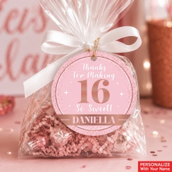 Sweet 16 Pink & Rose Gold PERSONALIZED Thank You Tags - 6 Pk