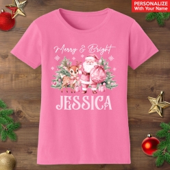 Pink Vintage Christmas Merry & Bright Pink T-Shirt