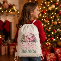 Pink Vintage Christmas Personalized Drawstring Backpack