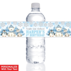 Winter Onederland Blue PERSONALIZED VINYL Bottle Labels - 10 PK