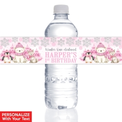 Winter Onederland Pink PERSONALIZED VINYL Bottle Labels - 10 PK