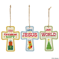 Religious Fireside Folk Wood Cross-Shaped Christmas Ornaments-10