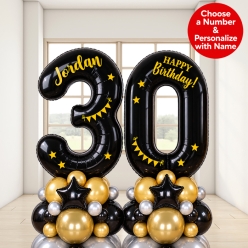 *Two Digit PERSONALIZED Black & Gold Airfill Balloon Column