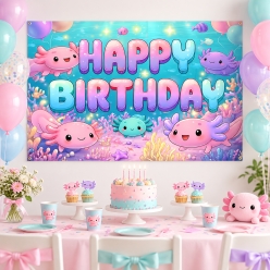 Axolotl Underwater Happy Birthday Fabric Backdrop 150cm x 130cm