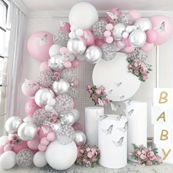 40% OFF: Baby Shower Pink, Silver & White Balloon Garland Kit -1
