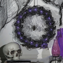 Light-Up Wreath with Spiders Halloween Decoration