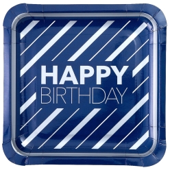 Happy Birthday Blue & Silver Square Paper Dinner Plates 8 PK