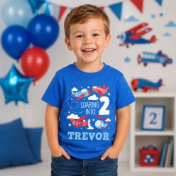 Airplane Soaring Personalized Name & Age Blue Shirt