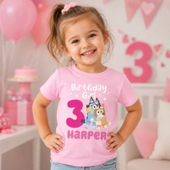 Bluey Name & Age Birthday Personalized Pink T-shirt