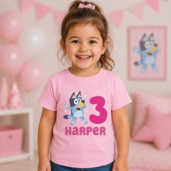 Bluey Name & Age Personalized Pink T-shirt