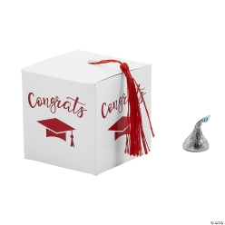 Graduation Red Tassel White Favour Box - 25Pk
