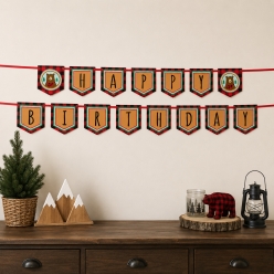 Woodland Animals Buffalo Plaid Happy Birthday Banner - 11FT