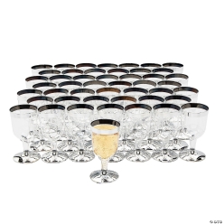 Bulk Silver Rimmed Plastic Wine Glasses - 96Pk