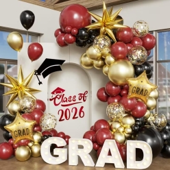 126 Pcs Grad Burgundy, Black & Gold Balloon Arch