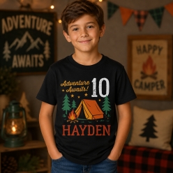 Camping Vintage Personalized Name & Age Black T-shirt